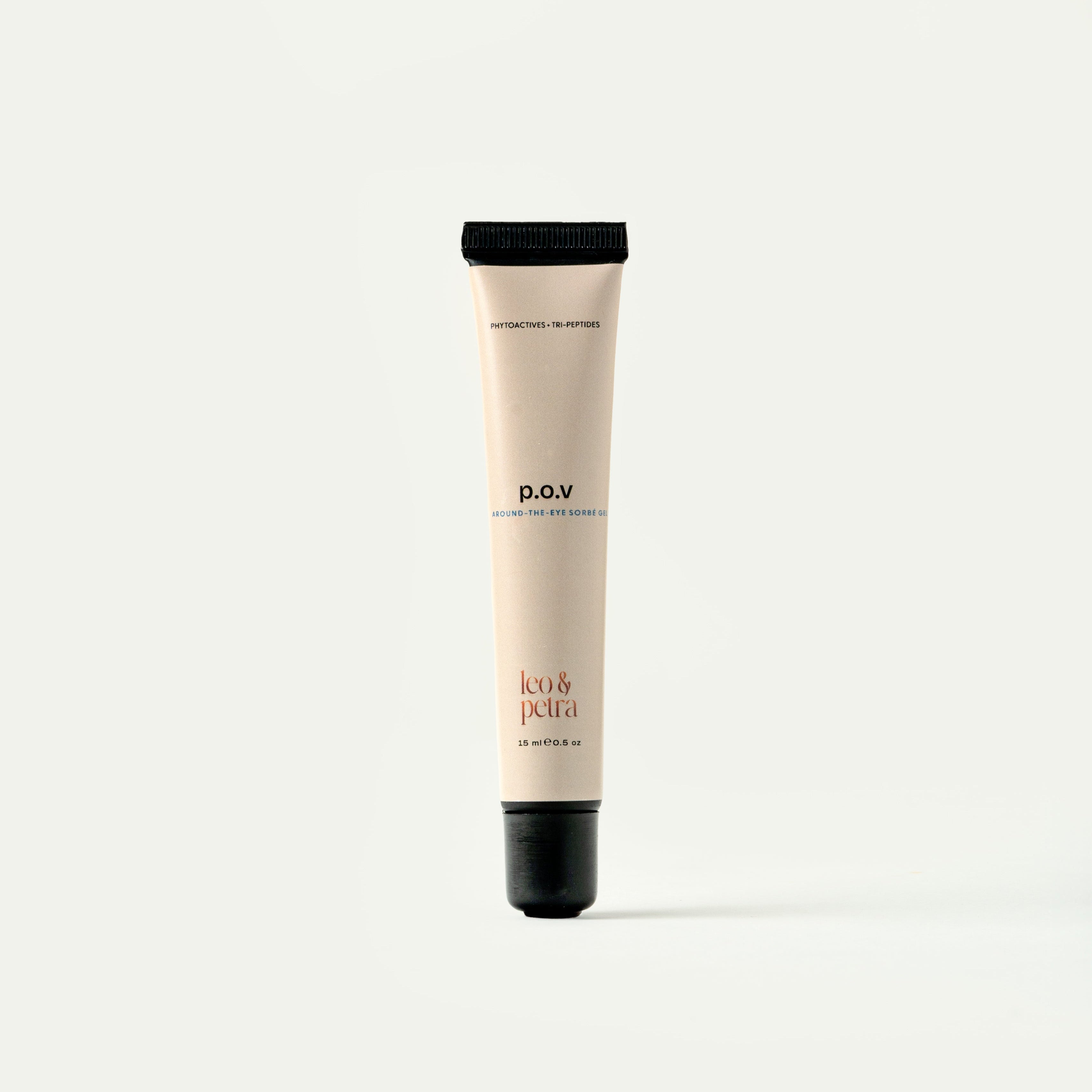 Tube of lip balm with 'p.o.v.' branding on a white background