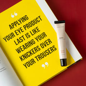 Skincare product with a humorous quote on a yellow background