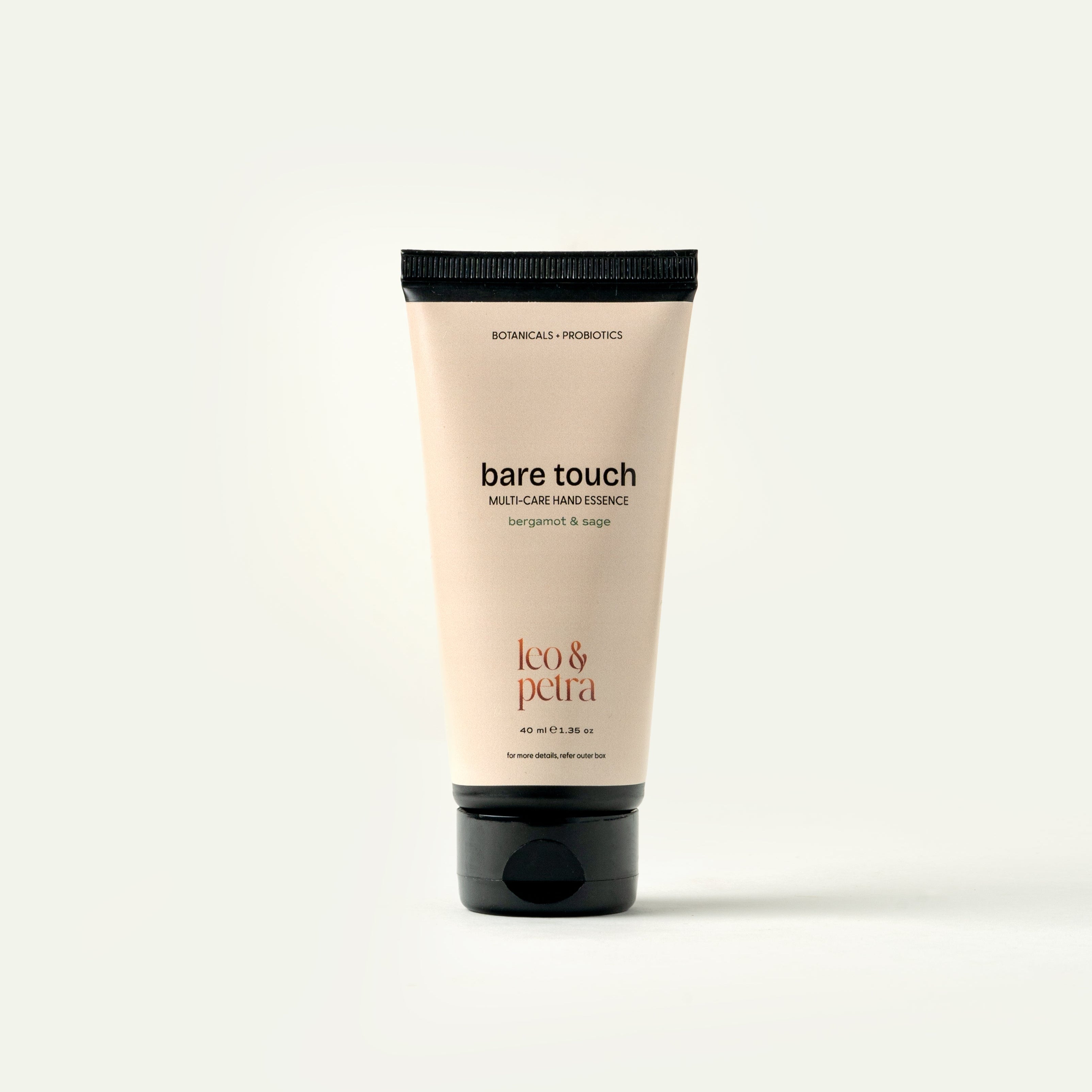Tube of 'bare touch' hand cream on a white background